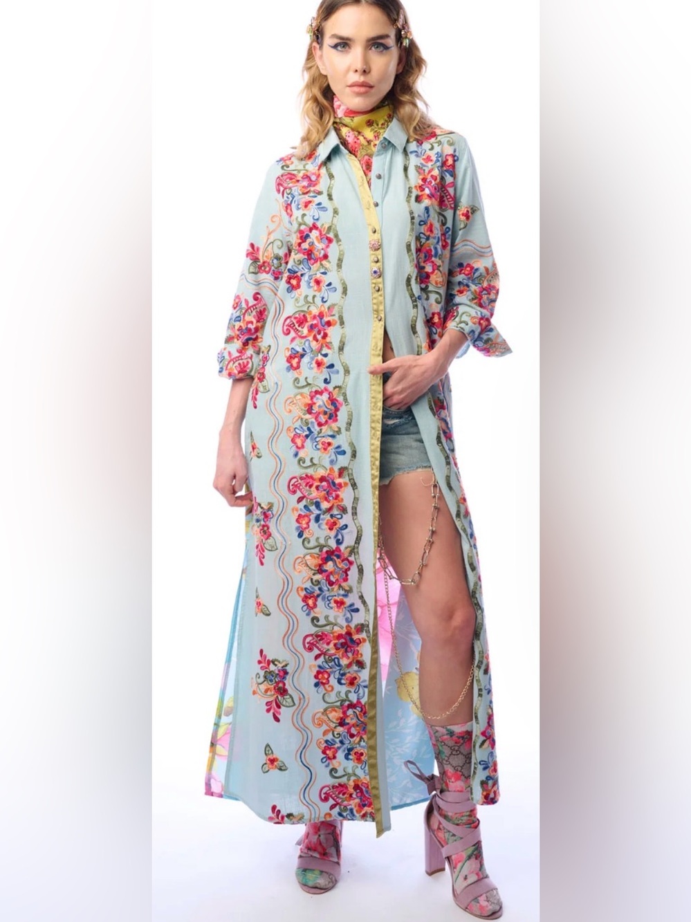 Aratta Embroidered Floral Long Robe in Light Blue